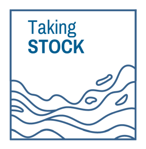 Taking Stock logo - a gra[hic interpretaton of a bathymetry map in blue, with Taking Stock top left